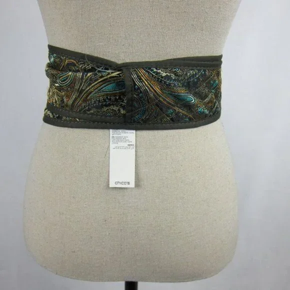 Chico's Boho Paisley & Quilted Olive Green REVERSIBLE Obi Wrap Belt Size S NEW - Picture 5 of 9